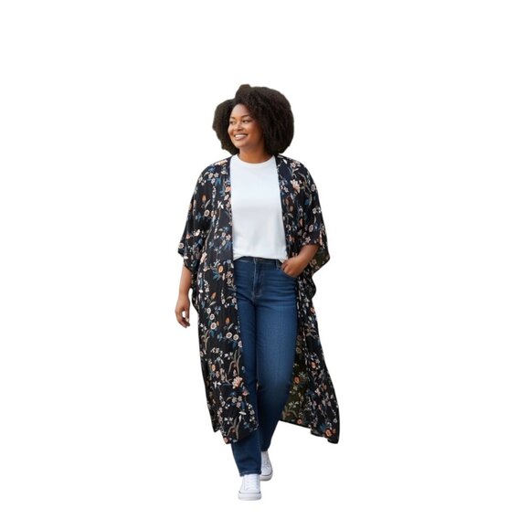 Torrid Floral Maxi Kimono Cardigan Black Size 3/4 Boho Fall Hippie Festival Cute - Picture 1 of 12